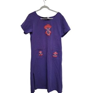 Vintage 80s Ariel's Novelty Embroidered Dress Pockets Cotton  Purple Dress‎ L